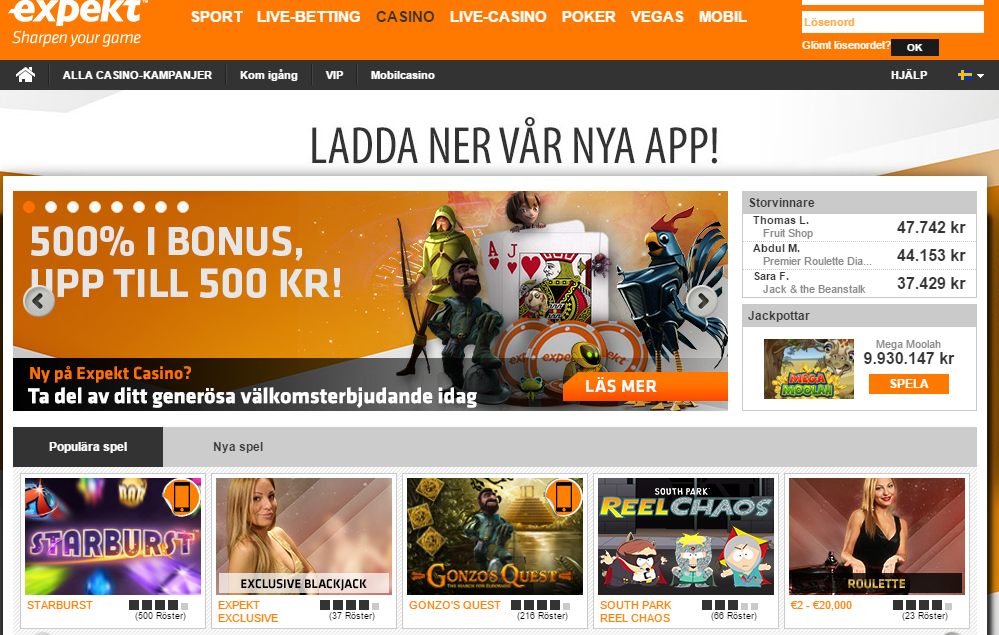 2 casinon hos Expekt med 500% i casino bonus!